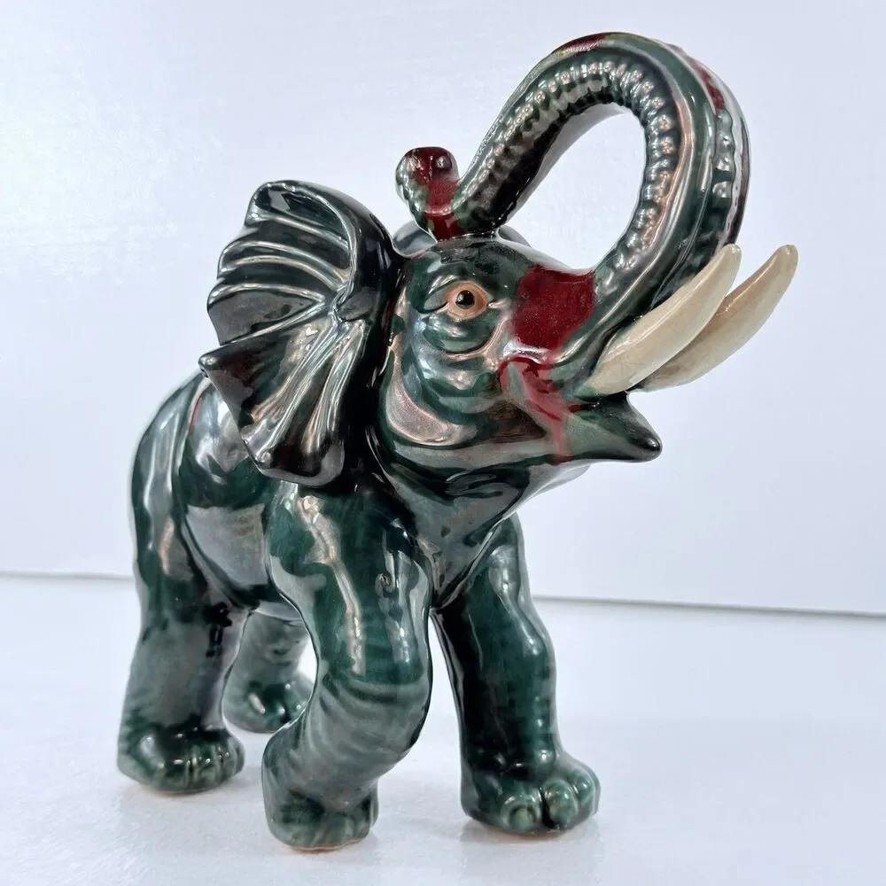 Vtg 1950's Ceramic Art Pottery Elephant Figurine Lucky Trunk Up Green Red Glaze